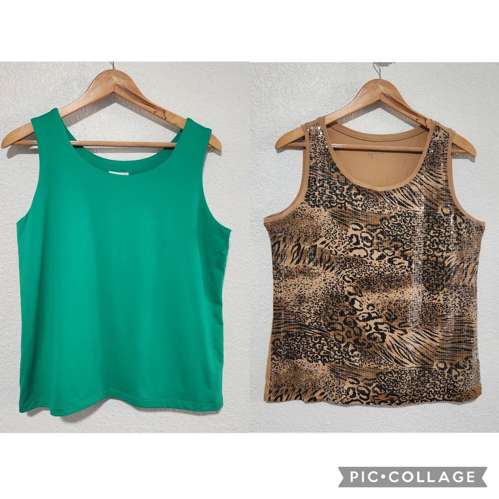 Chicos Lots Of Two Tank Tops Solid Emerald Green And Animal Print Sequin Large